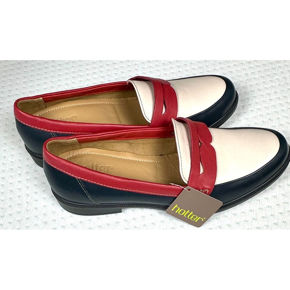 Hotter Dorset Leather Penny Loafers Navy Blue Red Cream Made in England Womens 8